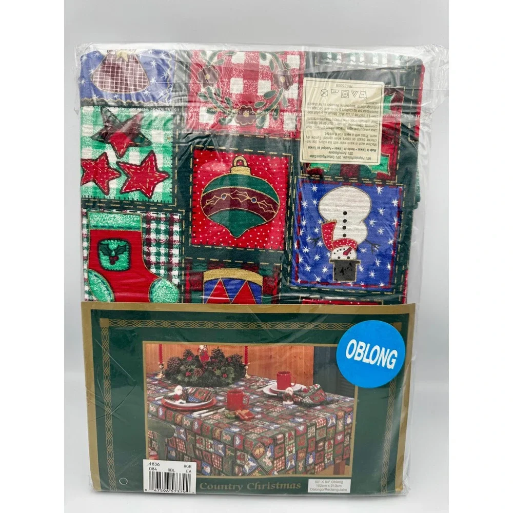 New Vintage Bardwil Country Christmas Patchwork Tablecloth 60x84 Oblong Woven